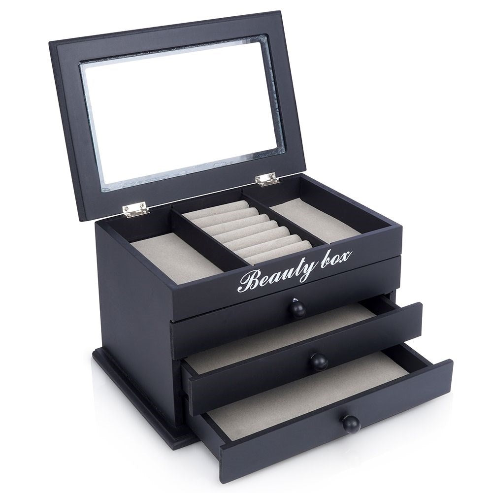 Elegant black jewelry box with glass lid and three drawers