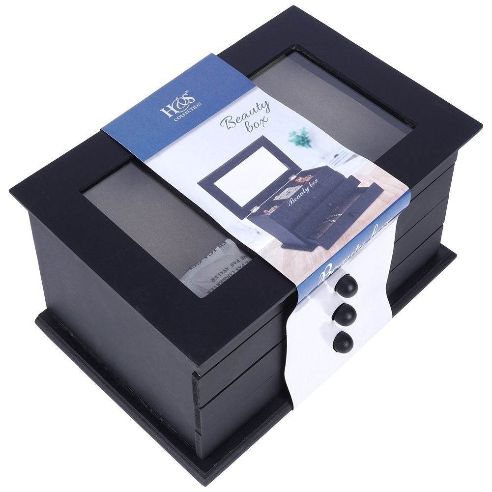 Elegant black jewelry box with glass lid and three drawers
