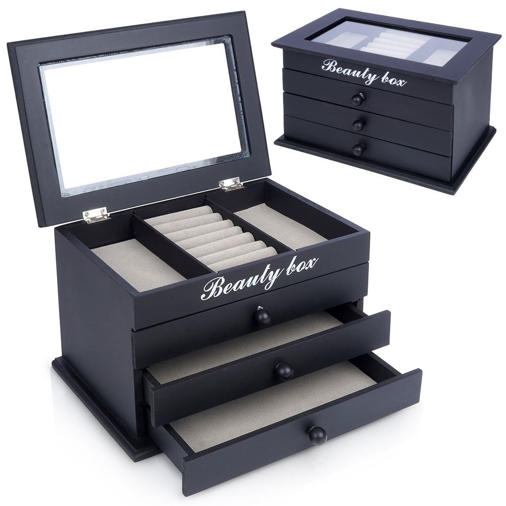 Elegant black jewelry box with glass lid and three drawers