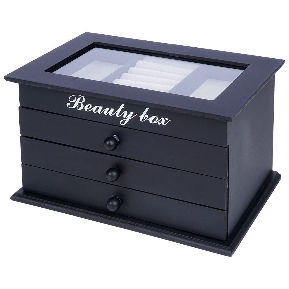Elegant black jewelry box with glass lid and three drawers