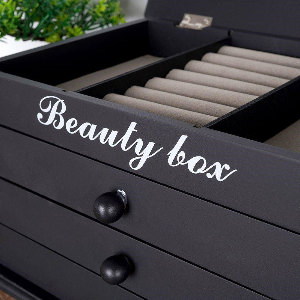 Elegant black jewelry box with glass lid and three drawers