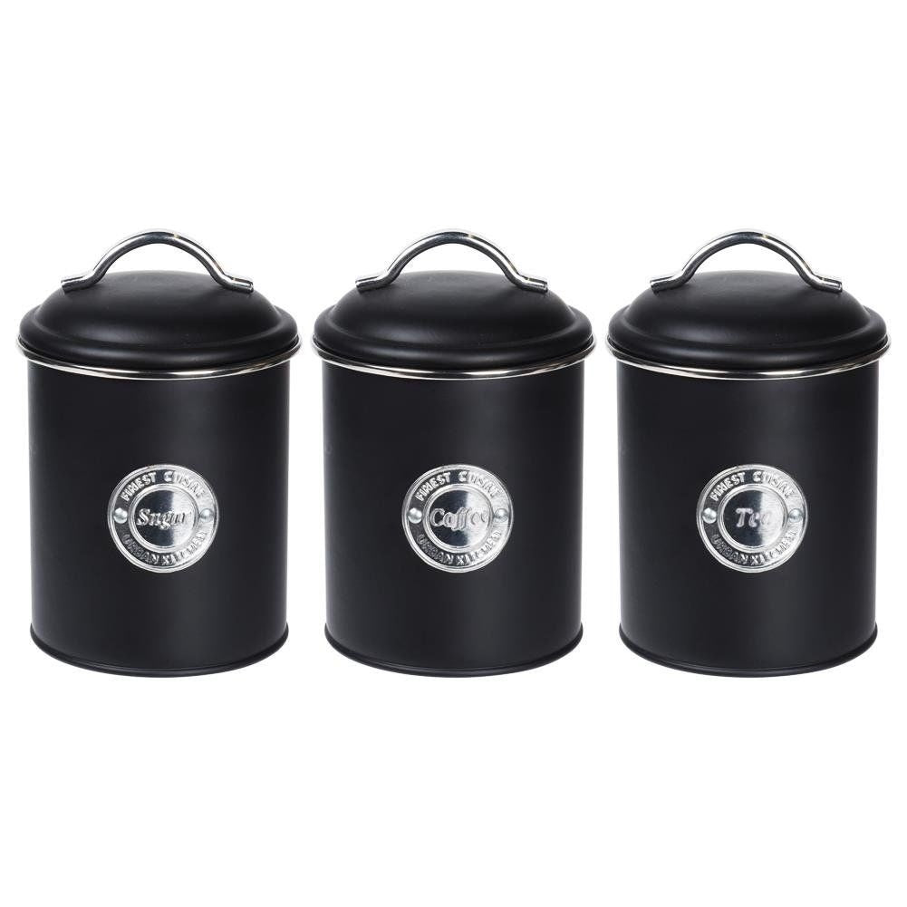 Elegant black kitchen containers for coffee, tea and sugar