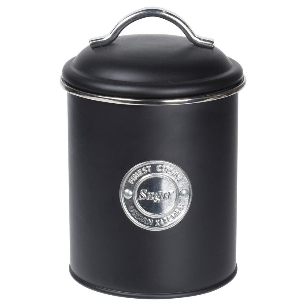 Elegant black kitchen containers for coffee, tea and sugar