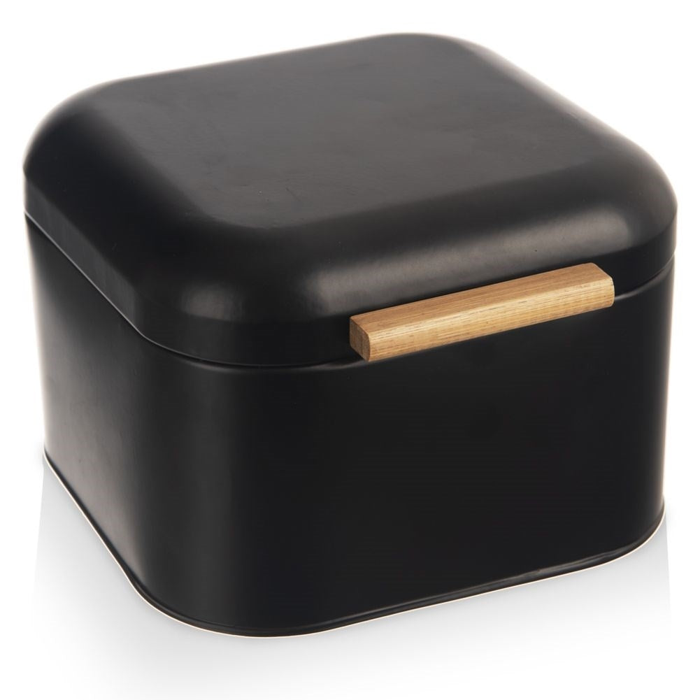 Elegant black metal bread box with bamboo handle