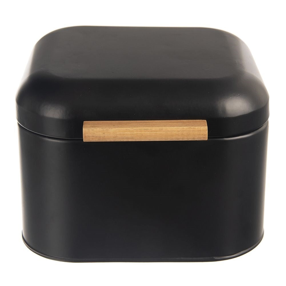 Elegant black metal bread box with bamboo handle