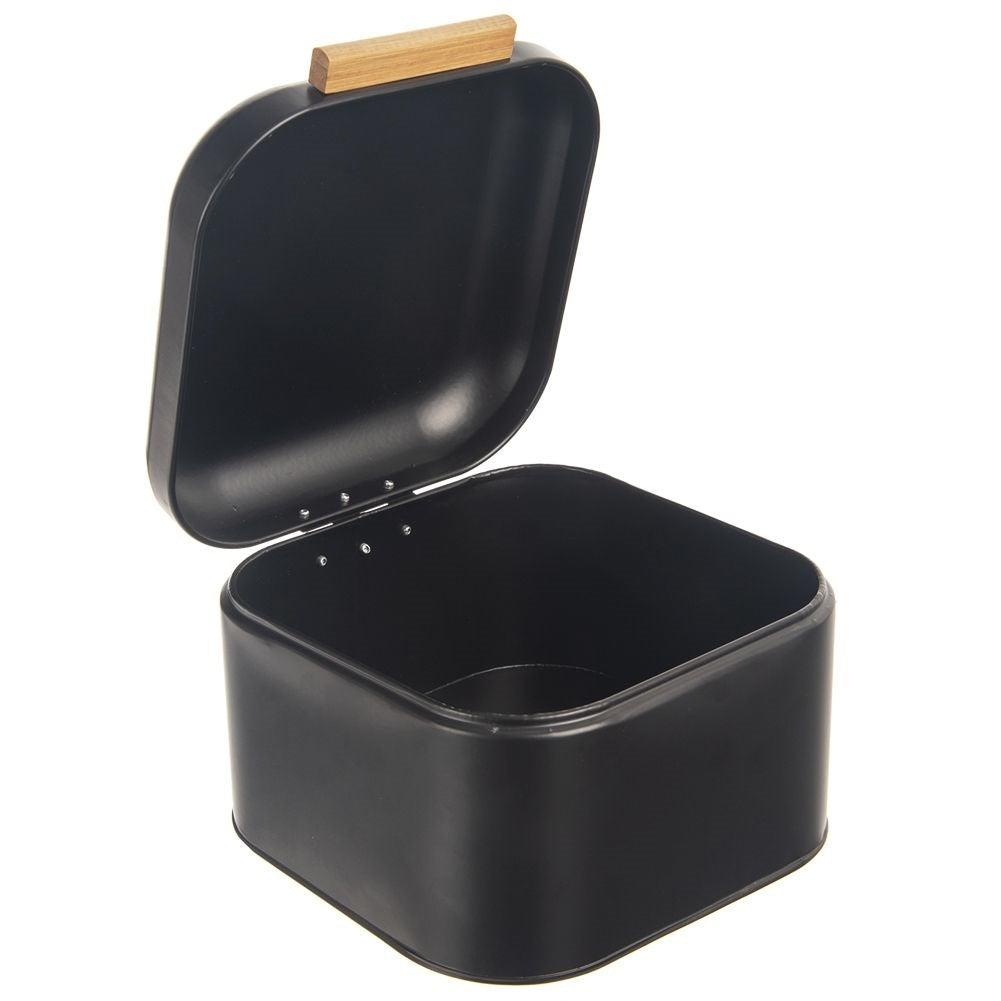 Elegant black metal bread box with bamboo handle
