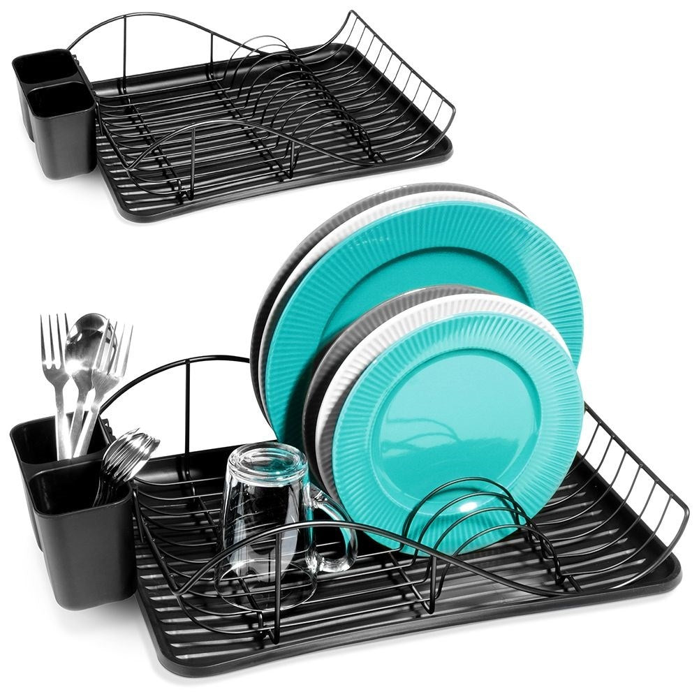 Elegant black metal dish rack with drip tray