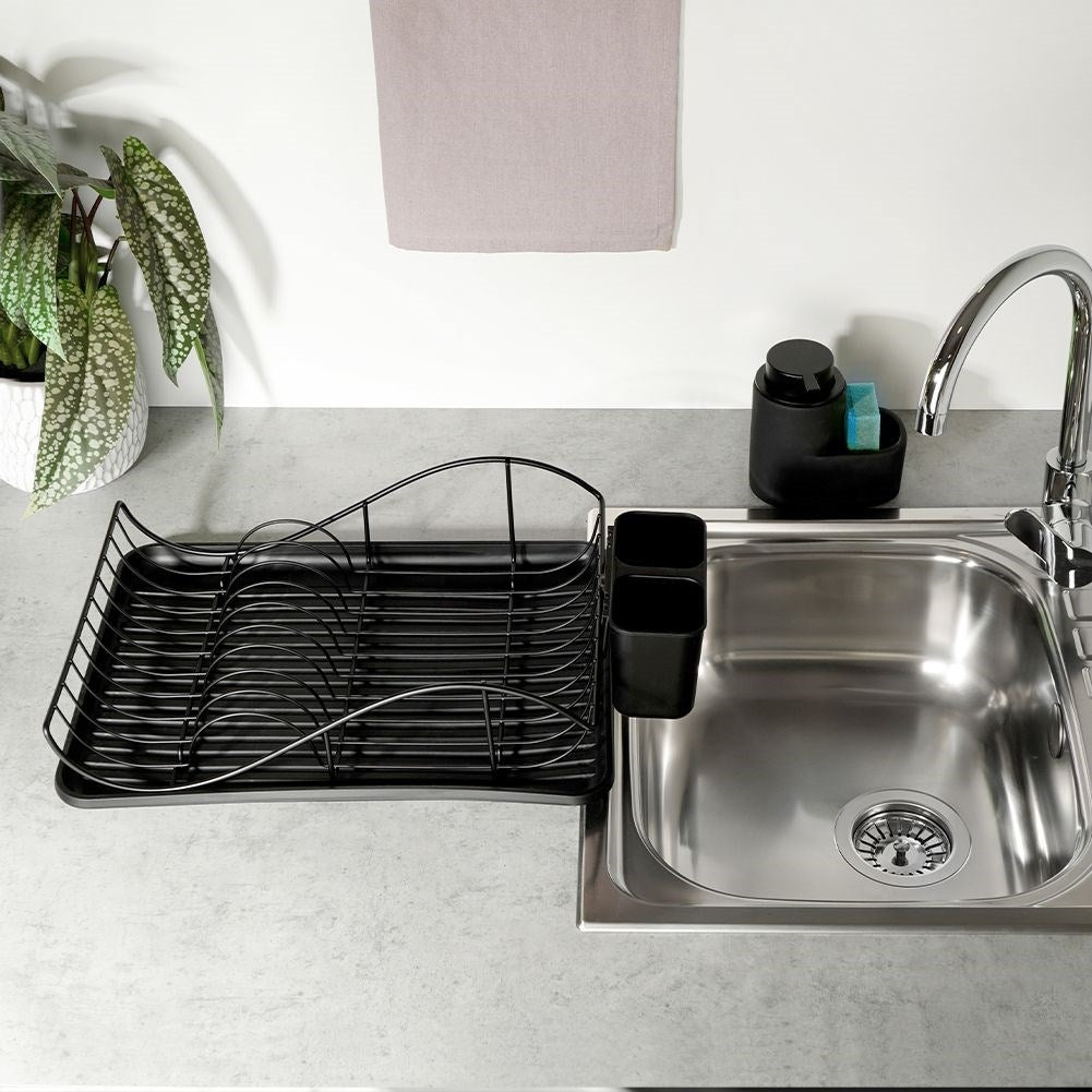 Elegant black metal dish rack with drip tray