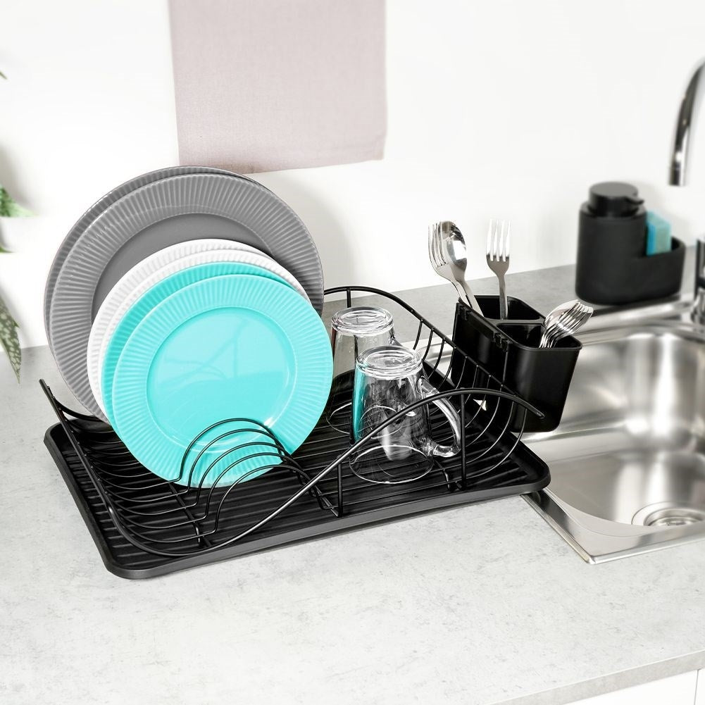Elegant black metal dish rack with drip tray