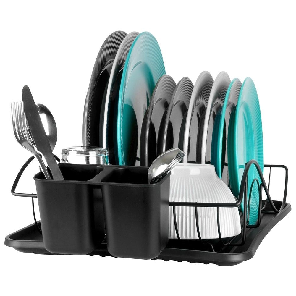 Elegant black metal dish rack with drip tray