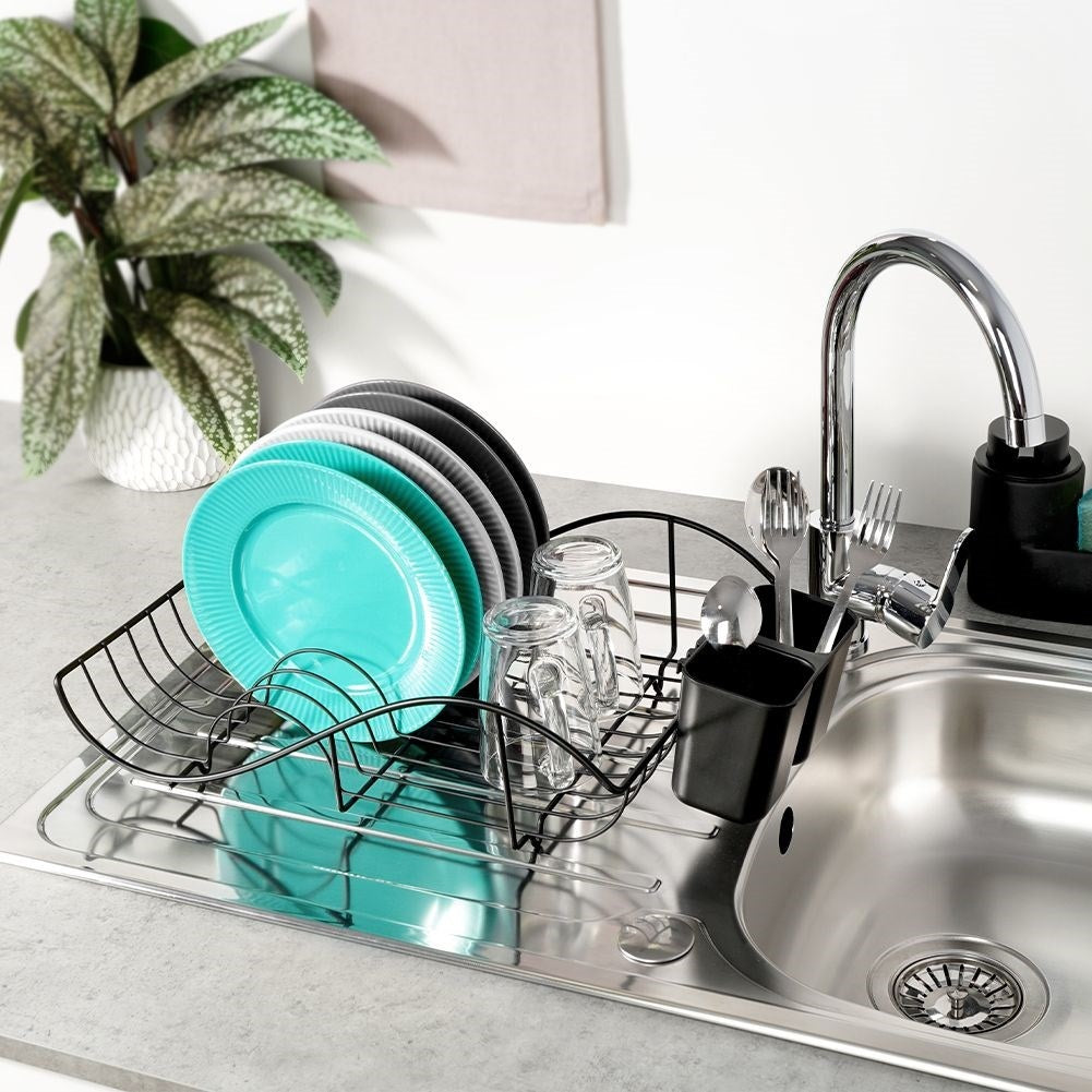 Elegant black metal dish rack with drip tray