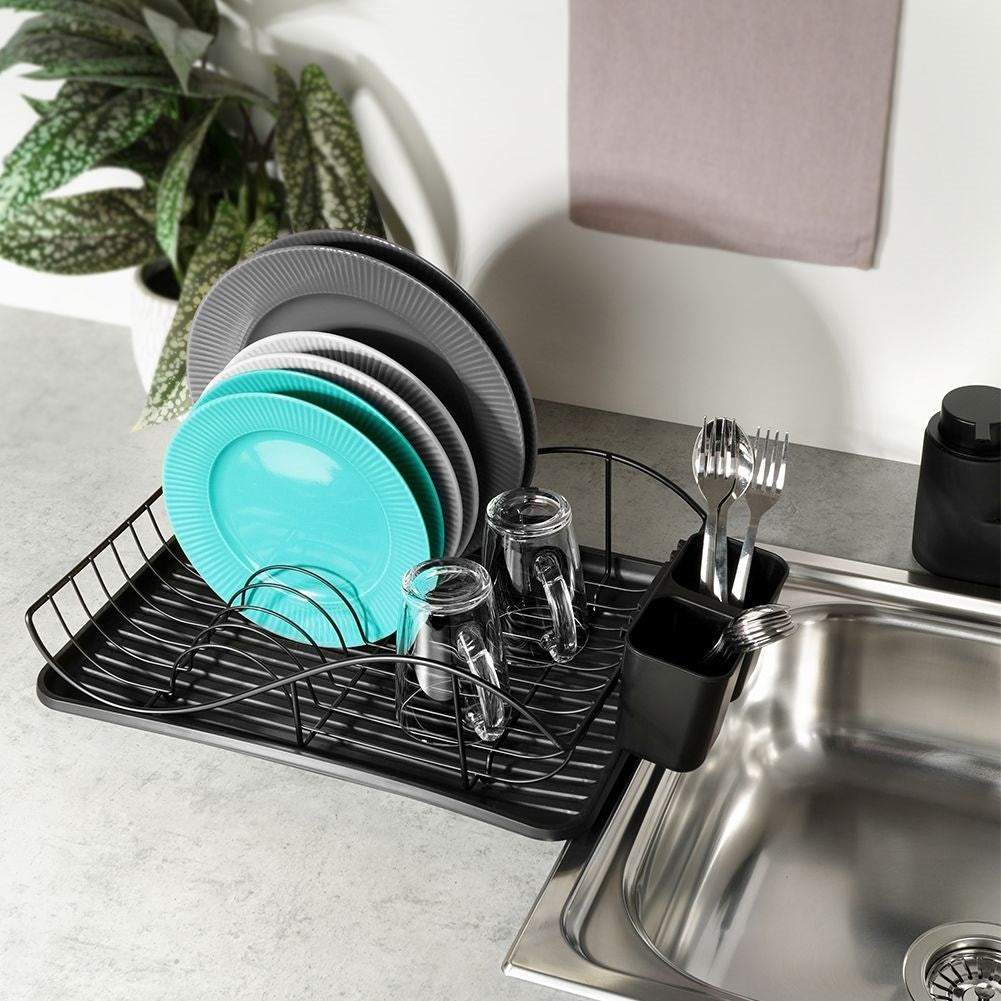Elegant black metal dish rack with drip tray