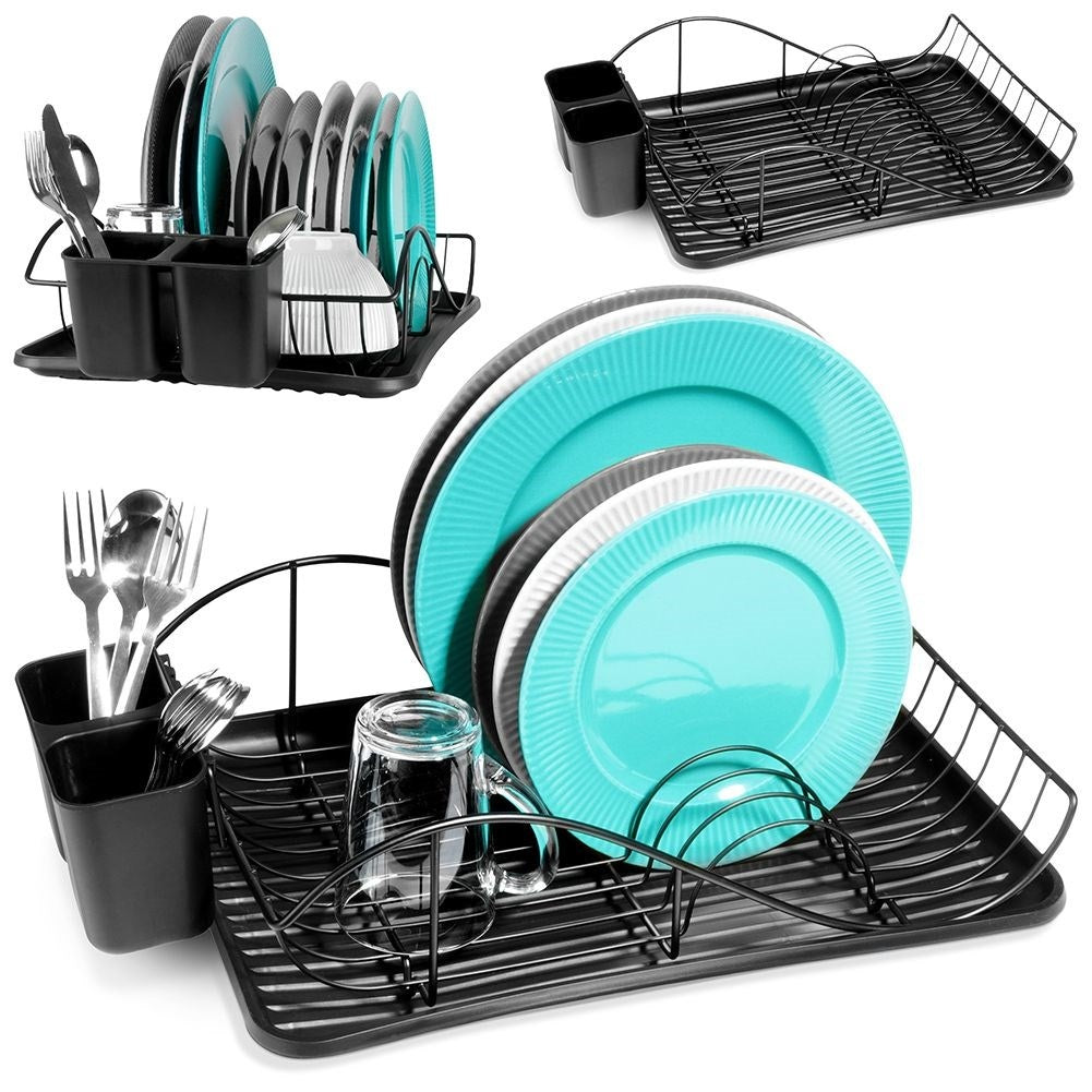 Elegant black metal dish rack with drip tray