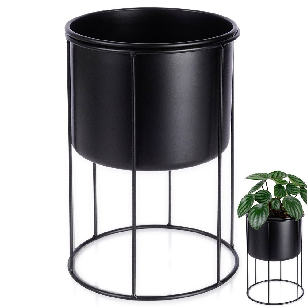 Elegant black metal pot on stand for plants