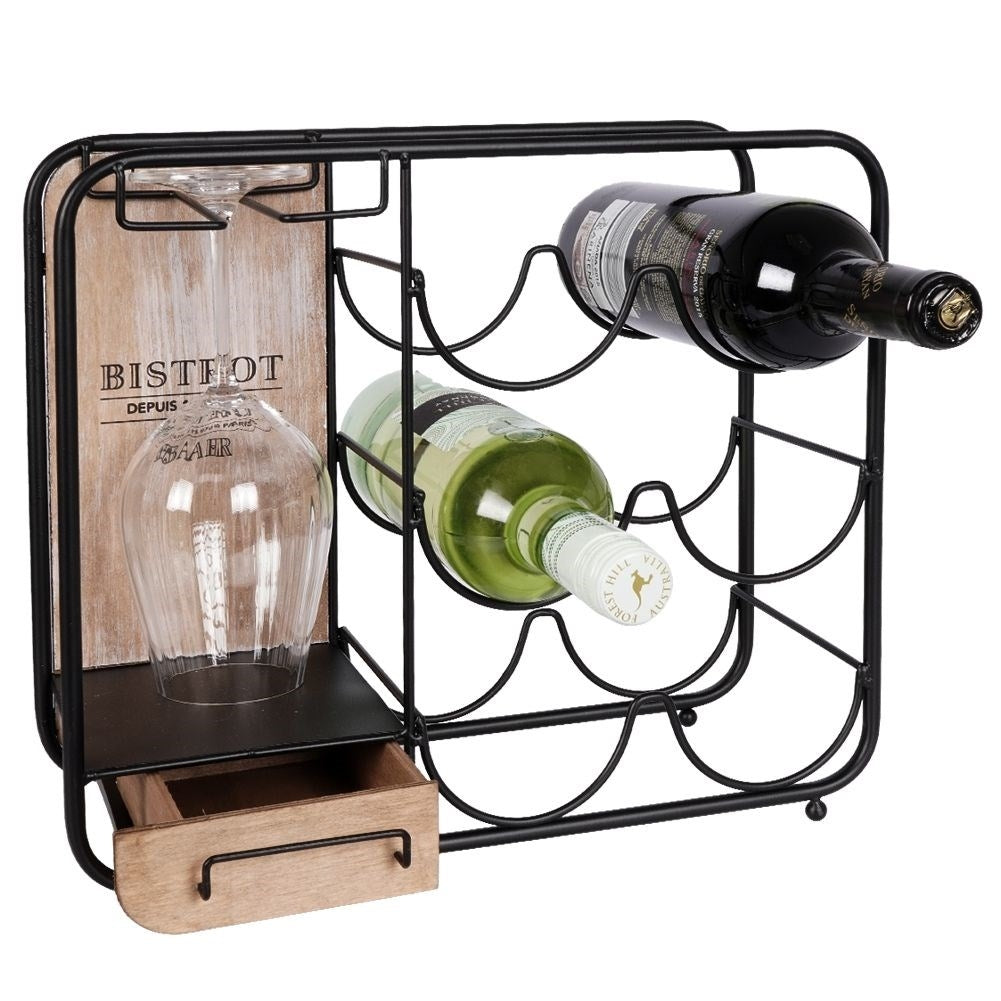Elegant black metal wine rack with glass suspension, holds 6 bottles
