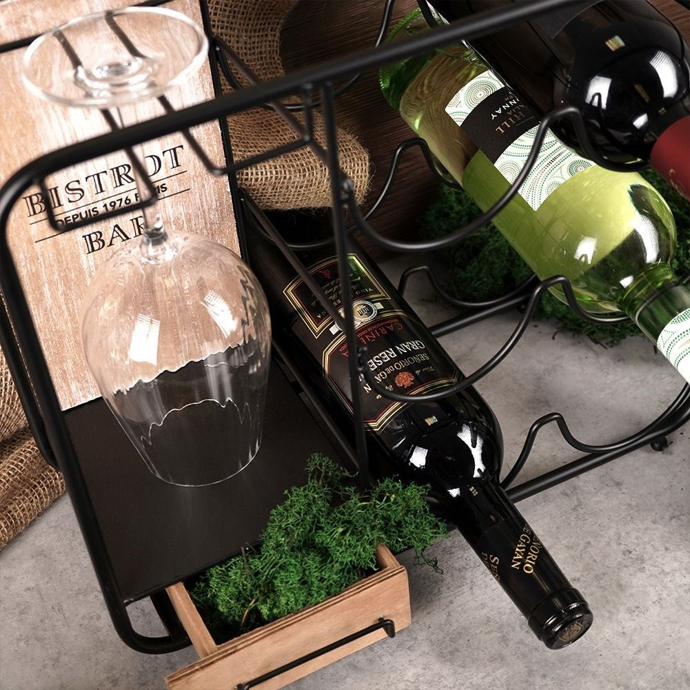 Elegant black metal wine rack with glass suspension, holds 6 bottles