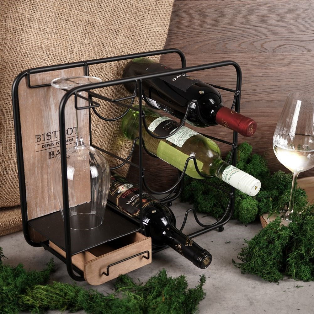 Elegant black metal wine rack with glass suspension, holds 6 bottles