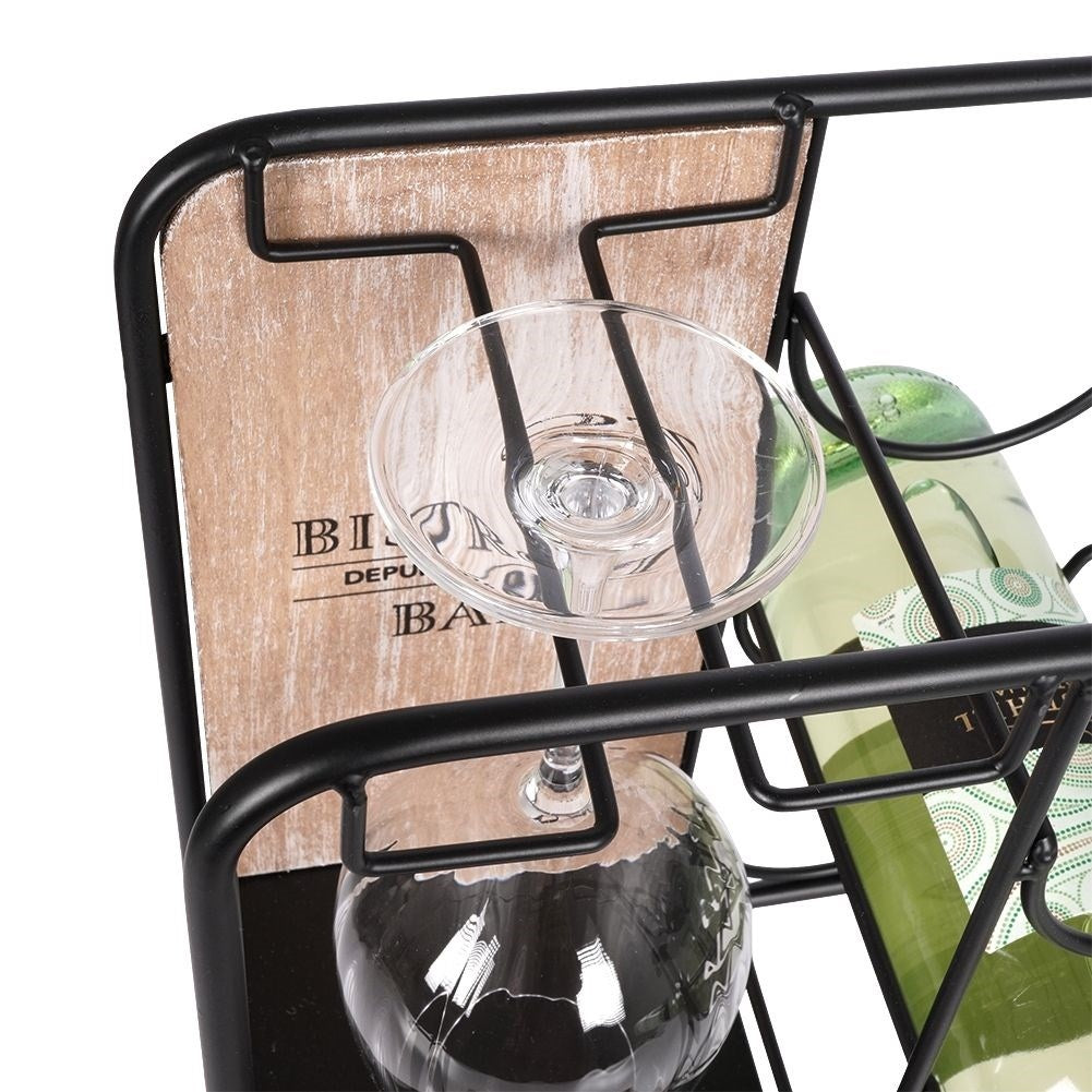 Elegant black metal wine rack with glass suspension, holds 6 bottles