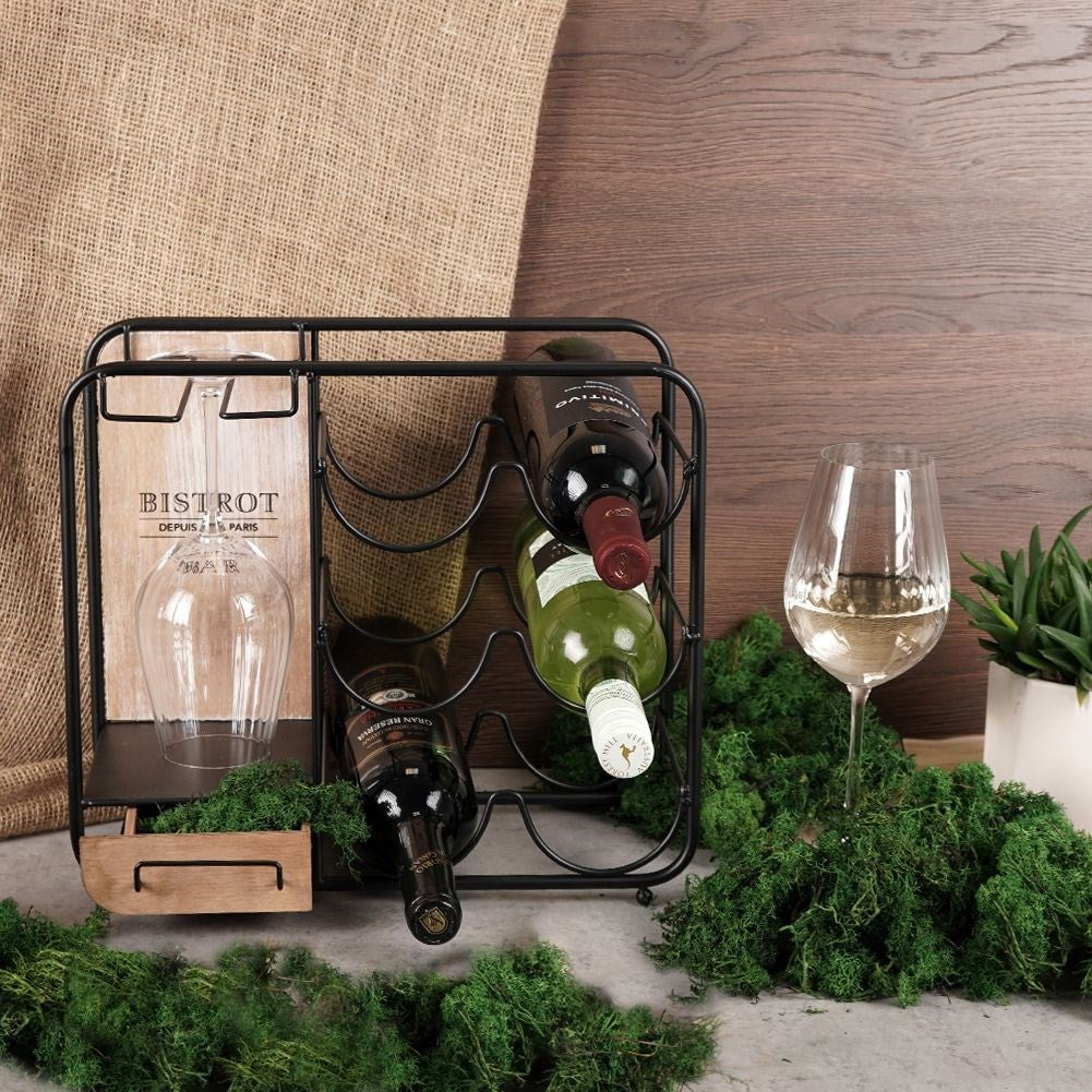 Elegant black metal wine rack with glass suspension, holds 6 bottles