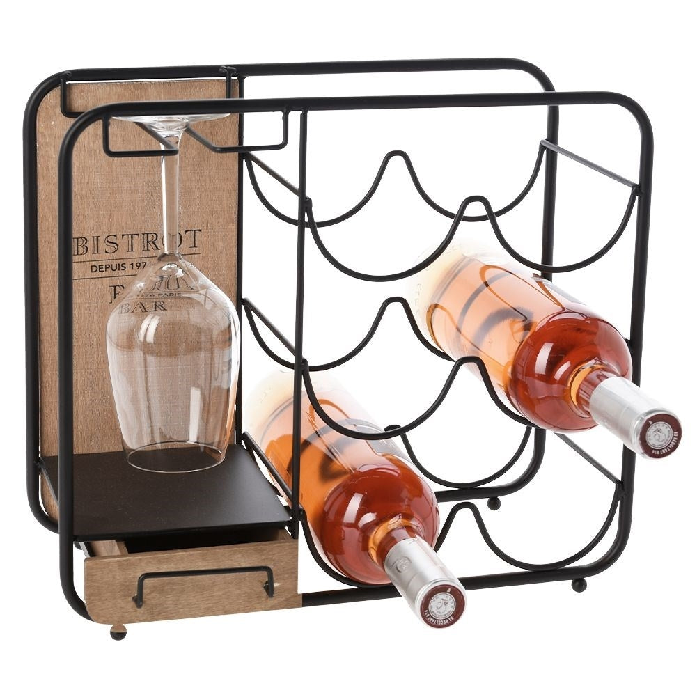 Elegant black metal wine rack with glass suspension, holds 6 bottles