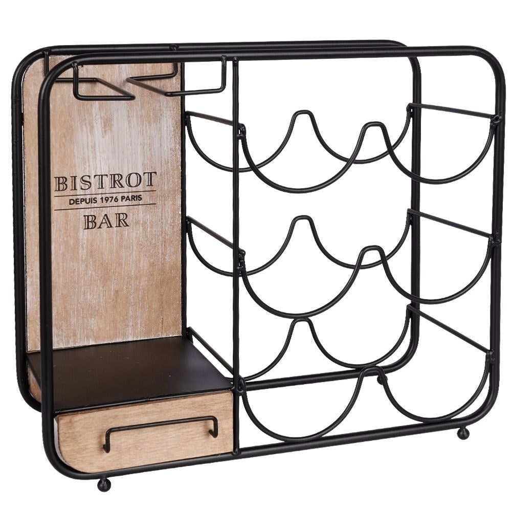 Elegant black metal wine rack with glass suspension, holds 6 bottles