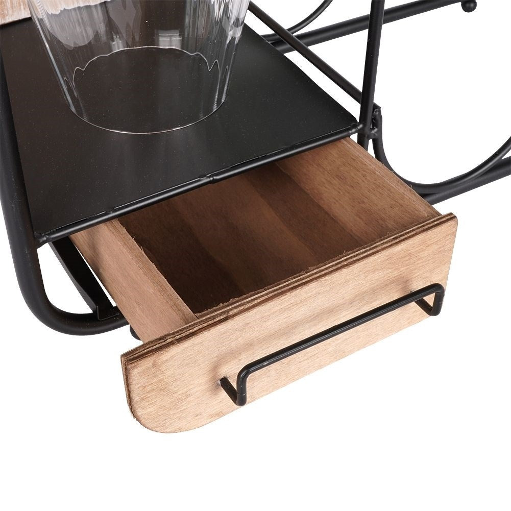 Elegant black metal wine rack with glass suspension, holds 6 bottles