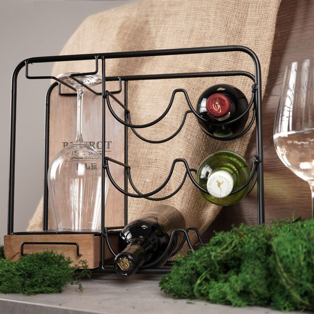 Elegant black metal wine rack with glass suspension, holds 6 bottles