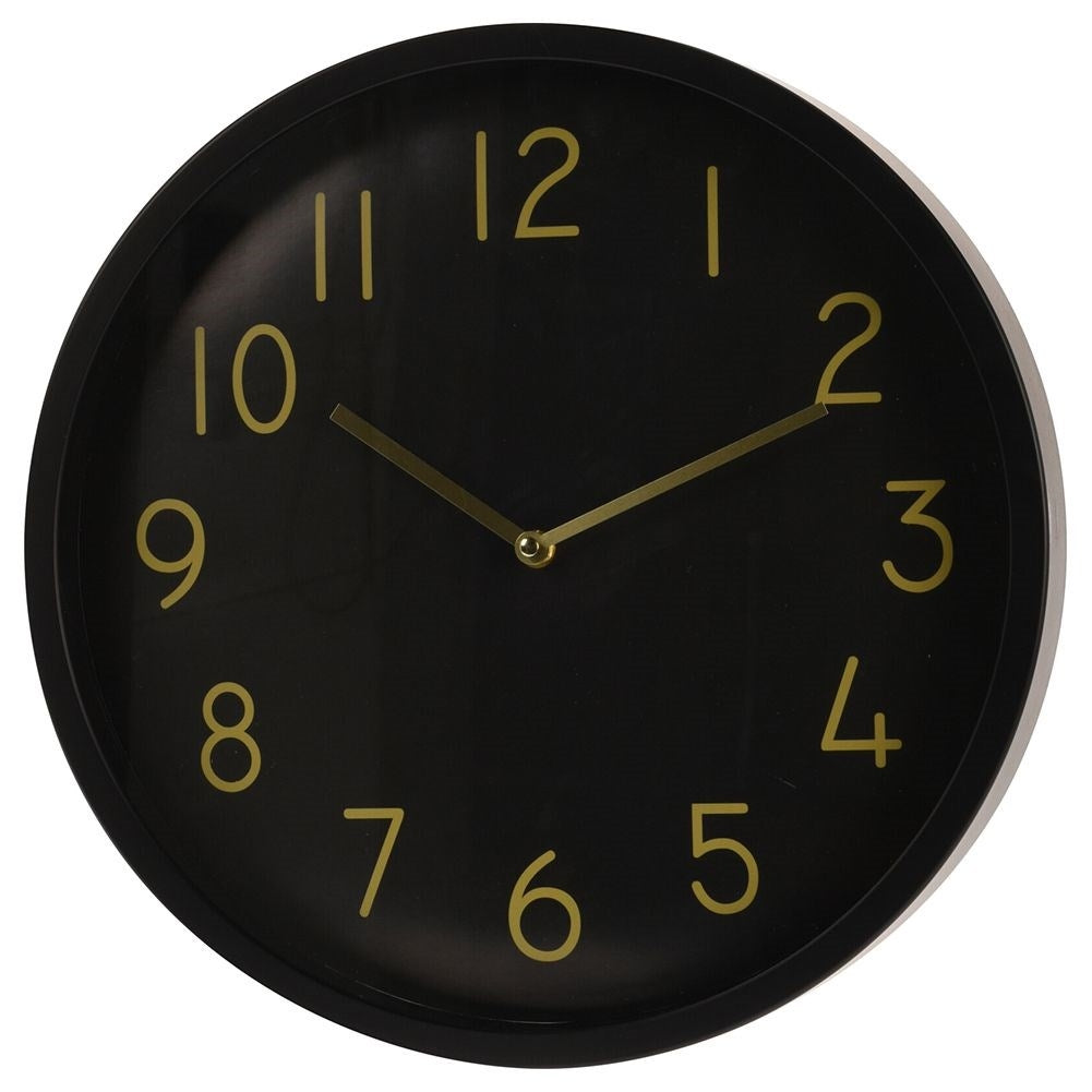 Elegant black wall clock with golden hands and numbers