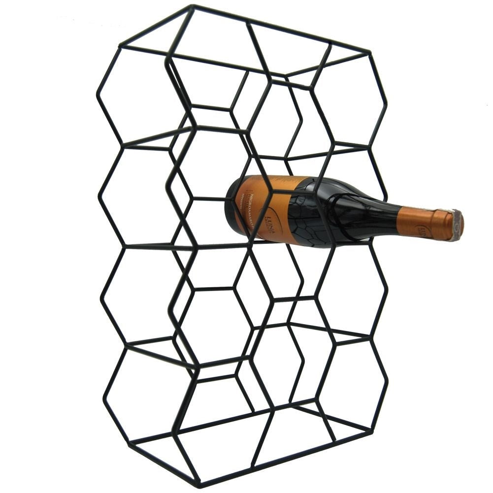 Elegant black wine rack for 11 bottles, floor/bench location