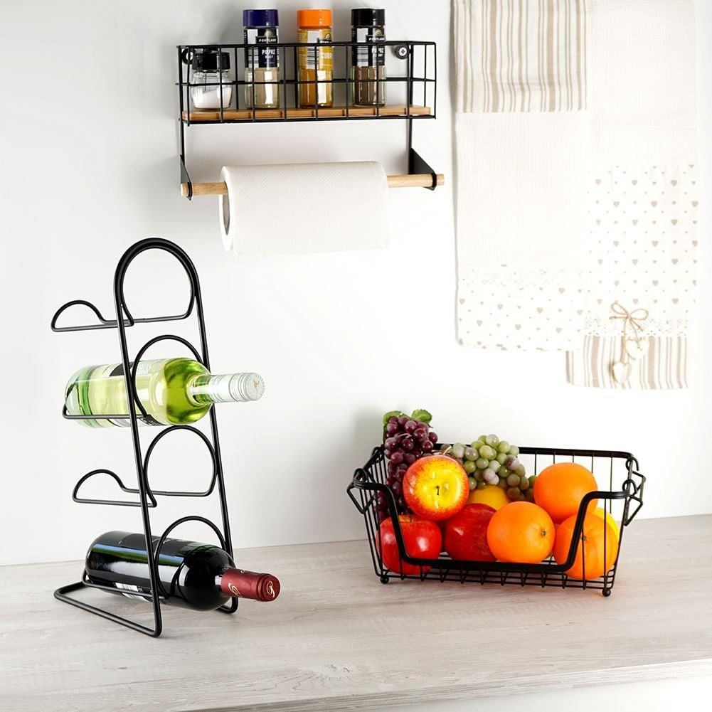 Elegant black wine rack for 4 bottles, floor or bench