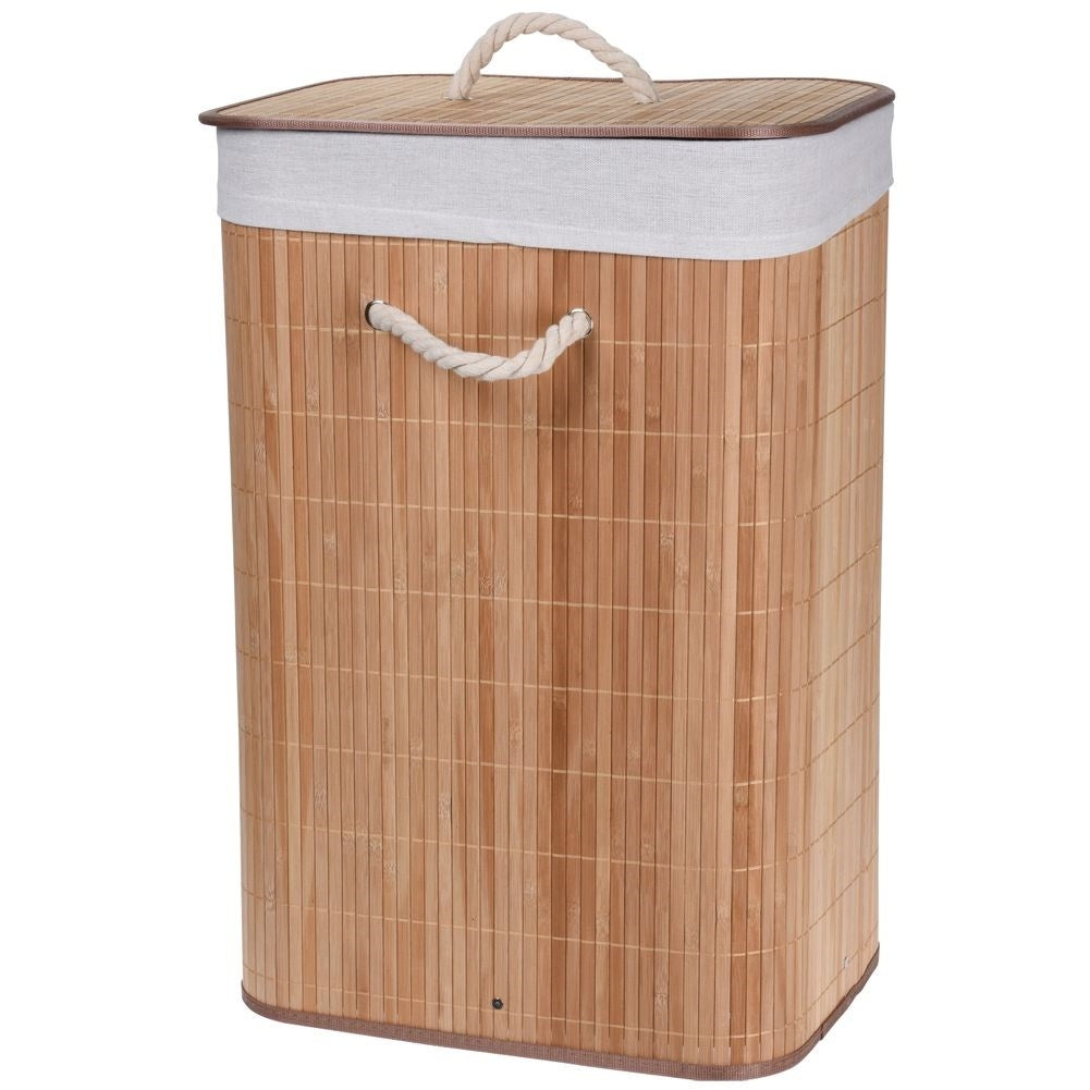 Elegant brown bamboo laundry basket with removable lid and inner lining