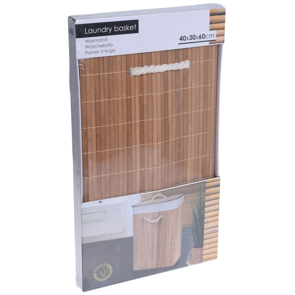 Elegant brown bamboo laundry basket with removable lid and inner lining