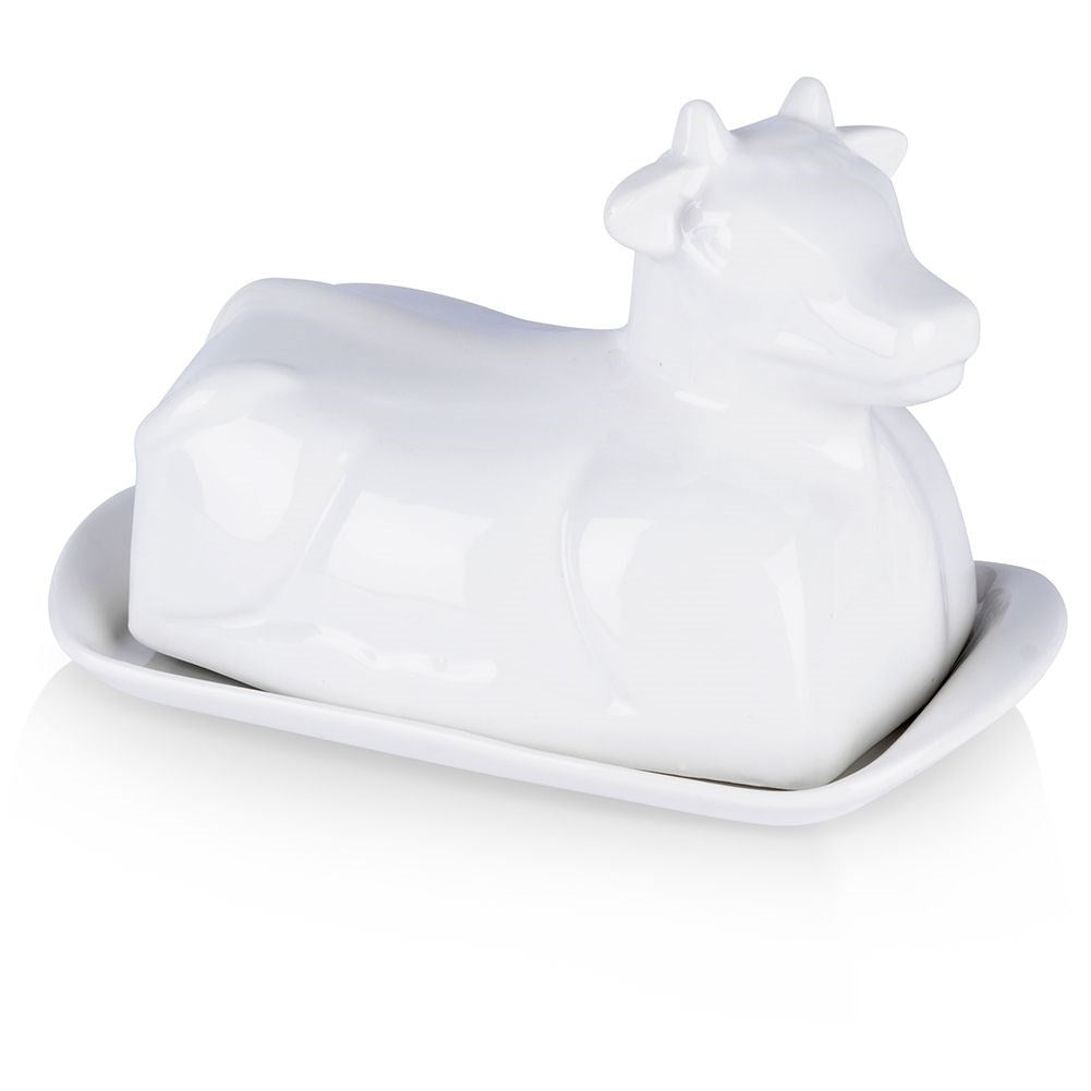 Elegant butter dish in the shape of a cow, white porcelain, with lid