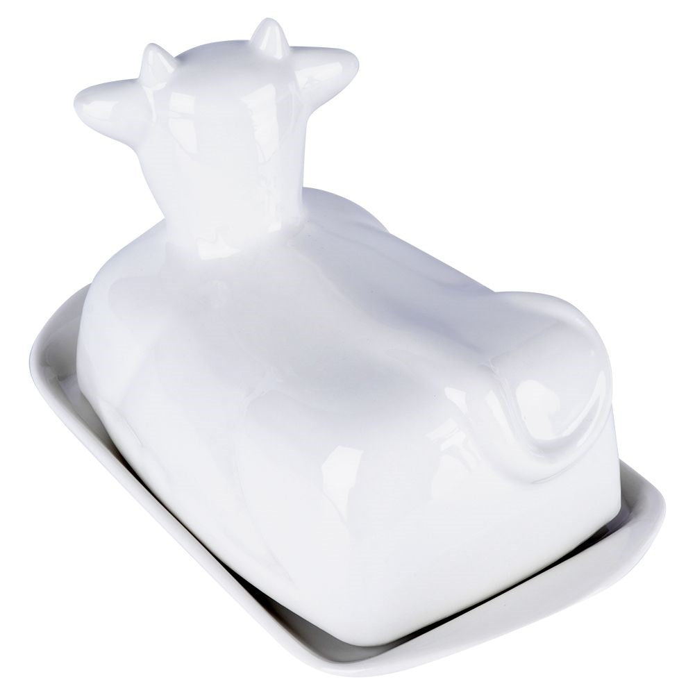 Elegant butter dish in the shape of a cow, white porcelain, with lid