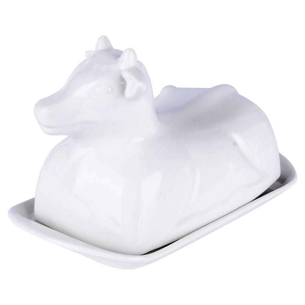 Elegant butter dish in the shape of a cow, white porcelain, with lid