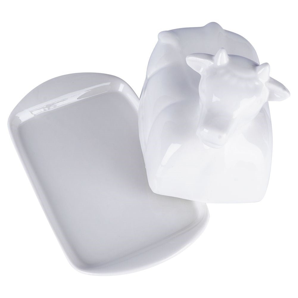 Elegant butter dish in the shape of a cow, white porcelain, with lid