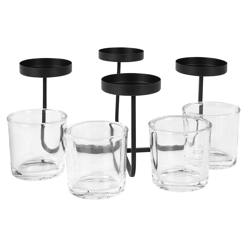 Elegant candle holder in black metal with four glass inserts