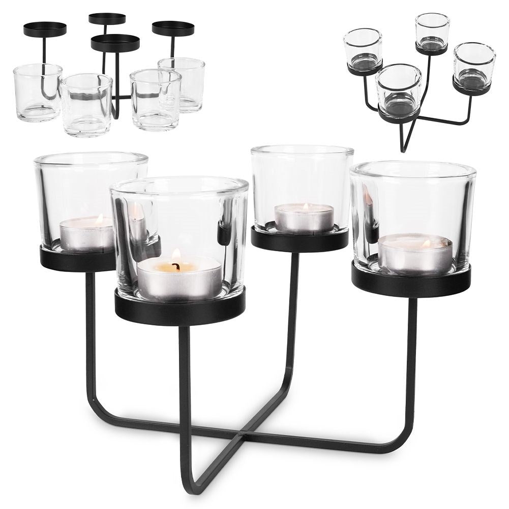 Elegant candle holder in black metal with four glass inserts