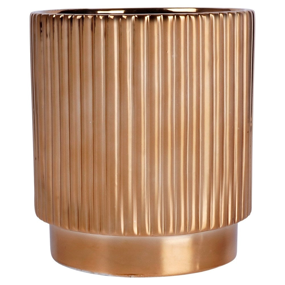 Elegant ceramic pot with ribbed surface and glossy gold colour