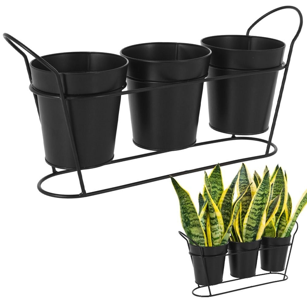 Elegant flower stand for three plants in matt black metal