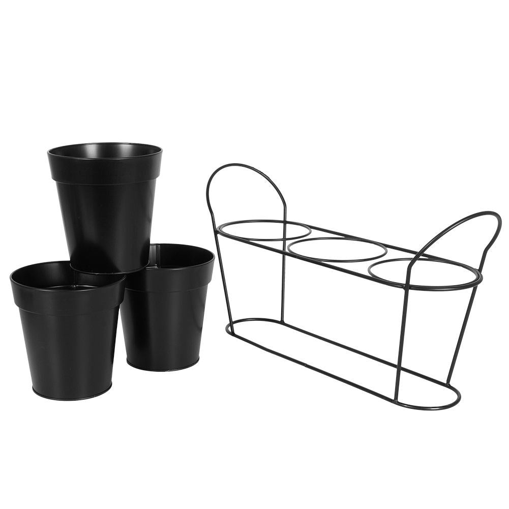 Elegant flower stand for three plants in matt black metal