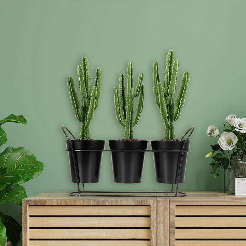 Elegant flower stand for three plants in matt black metal