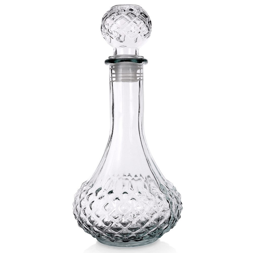 Elegant glass decanter with round cork for drinks and alcohol