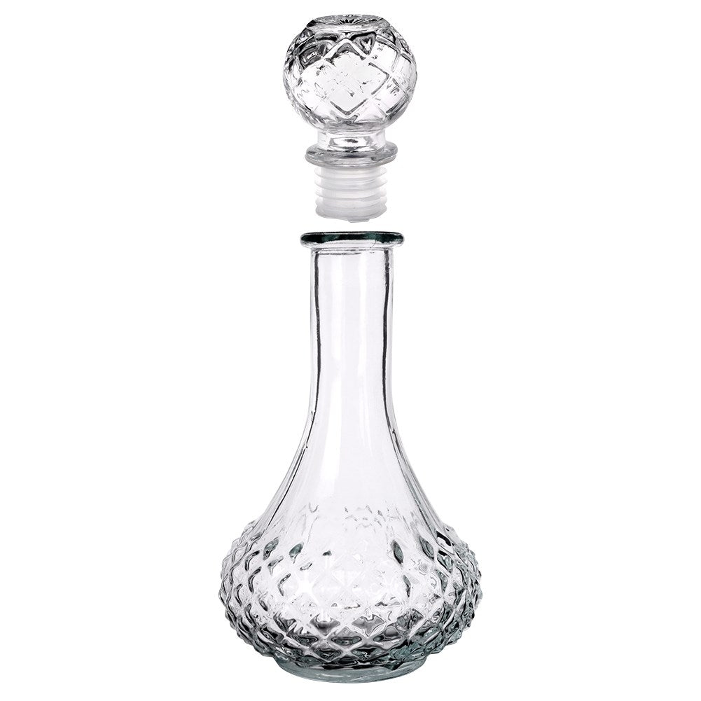 Elegant glass decanter with round cork for drinks and alcohol