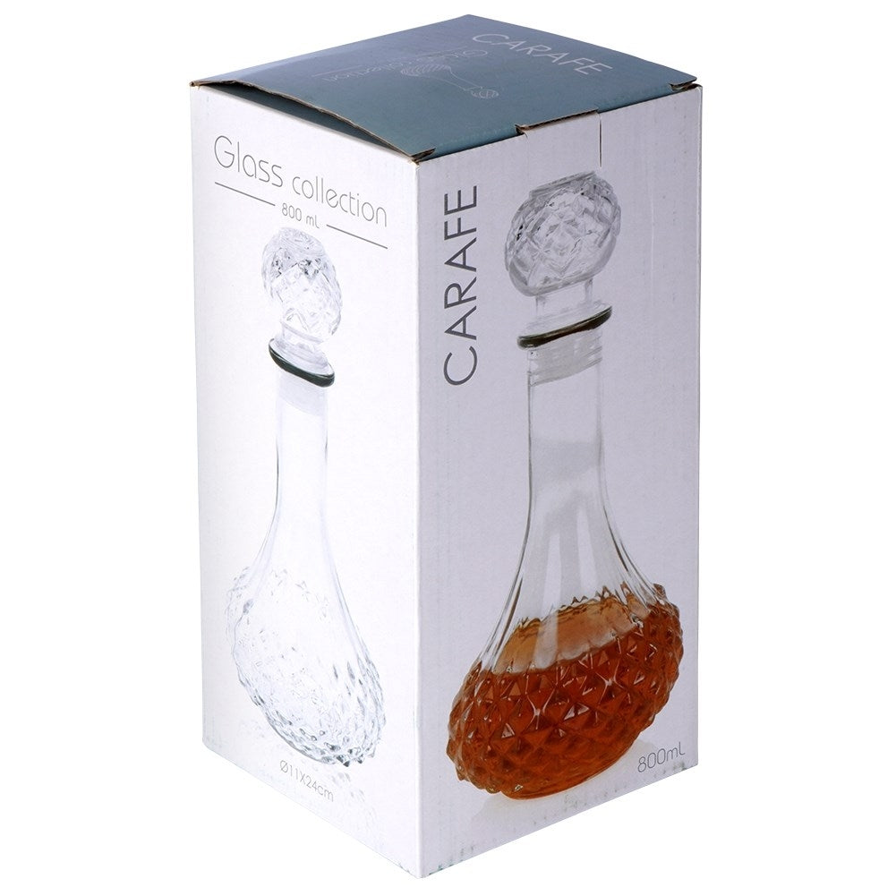 Elegant glass decanter with round cork for drinks and alcohol