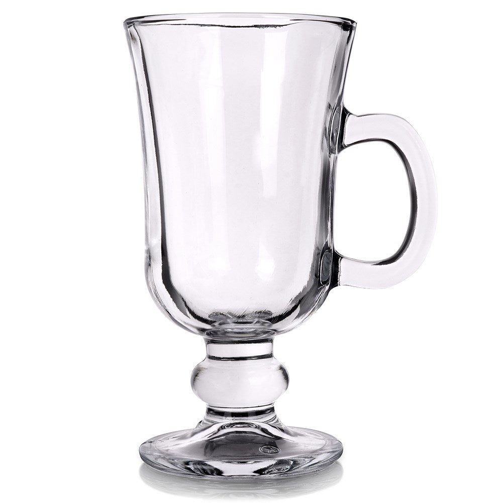 Elegant glass with handle on foot for hot drinks