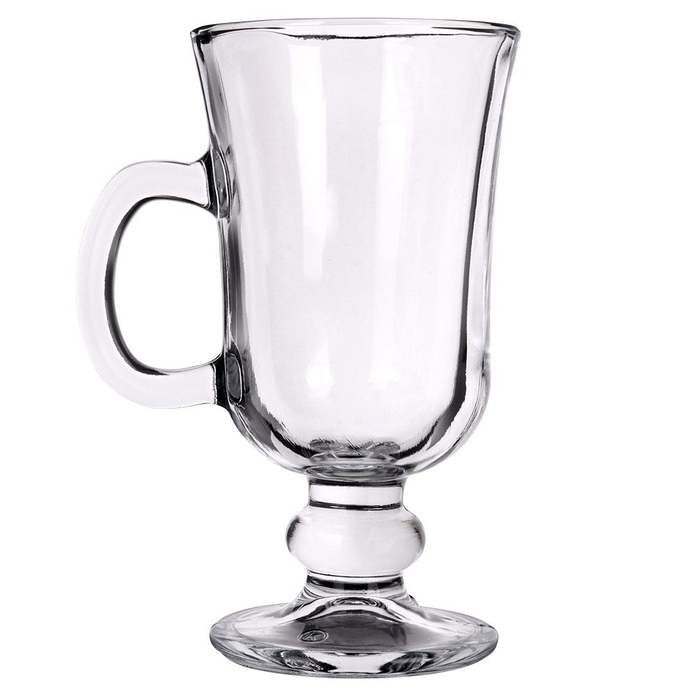 Elegant glass with handle on foot for hot drinks