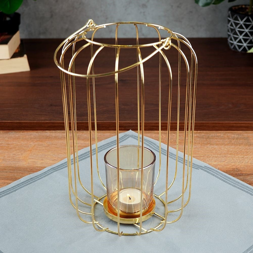 Elegant gold lantern for candle or tealight, metal and glass