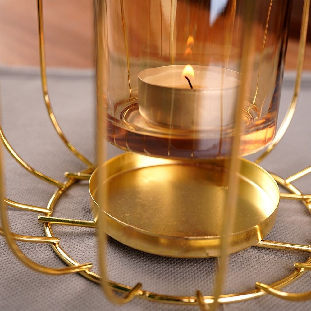 Elegant gold lantern for candle or tealight, metal and glass