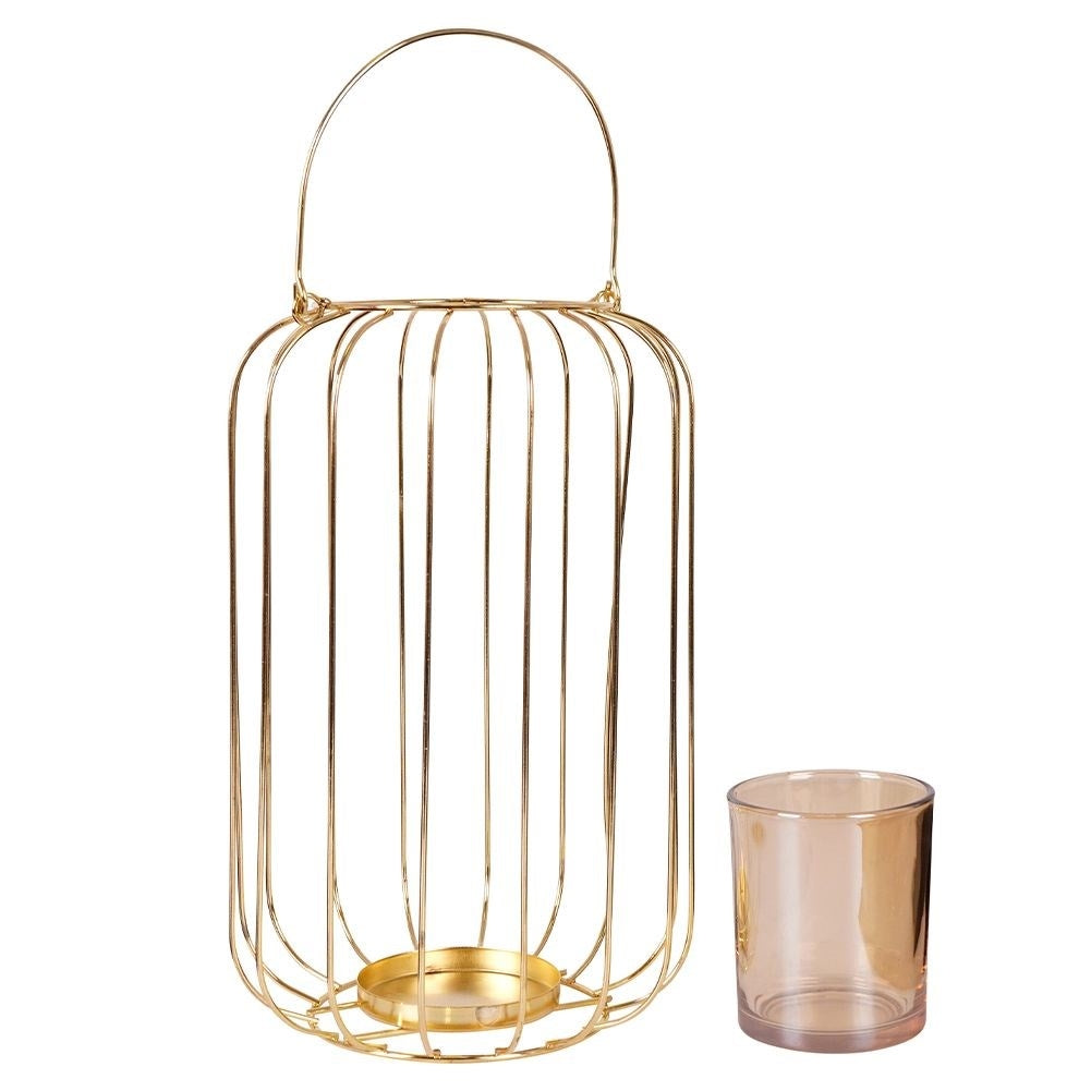 Elegant gold lantern for candle or tealight, metal and glass